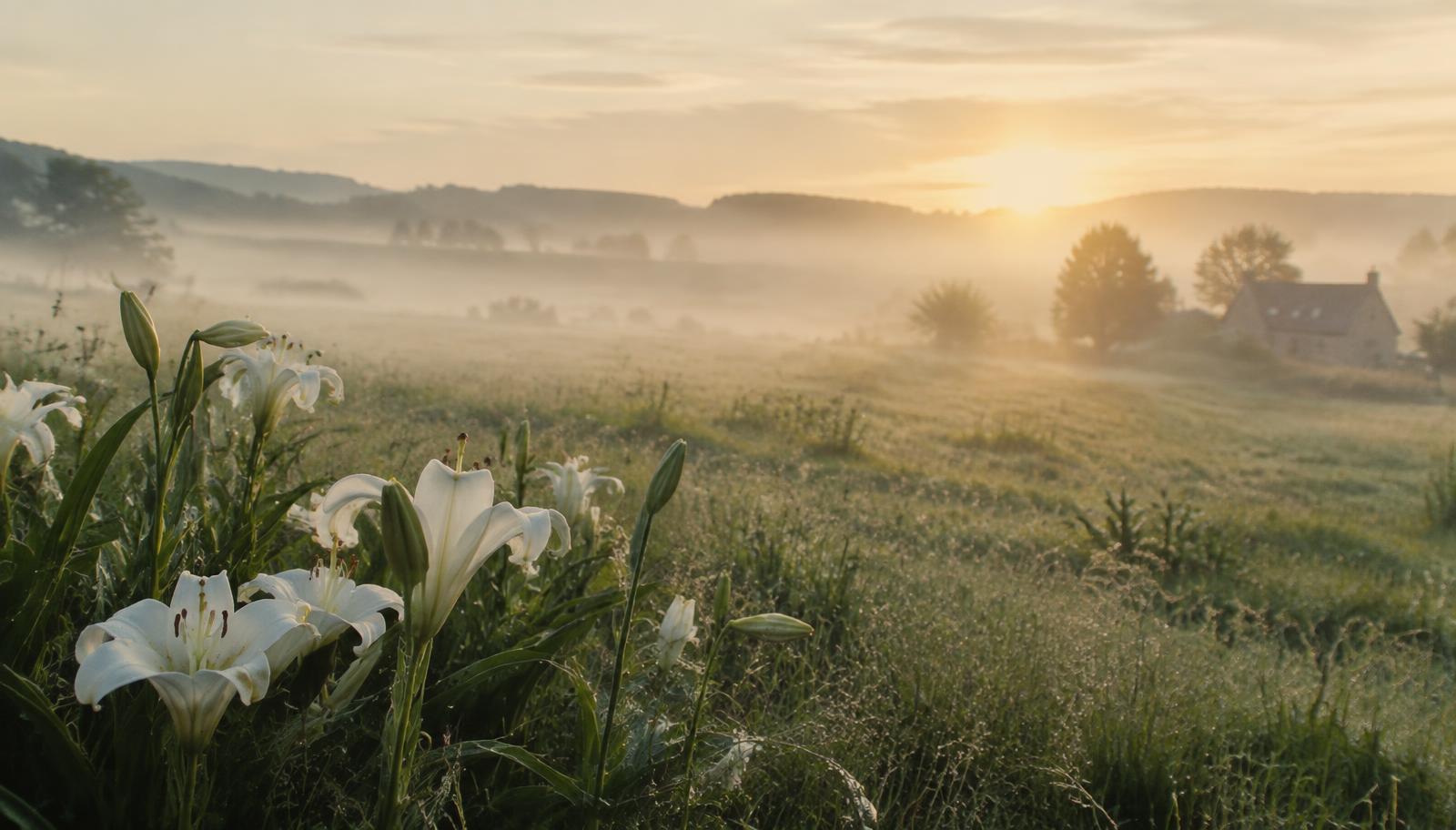 Lilies in a misty meadow at dawn